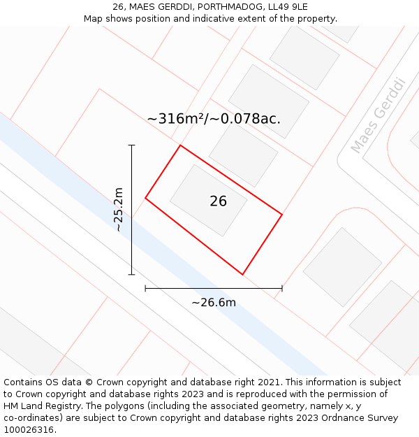 26, MAES GERDDI, PORTHMADOG, LL49 9LE: Plot and title map