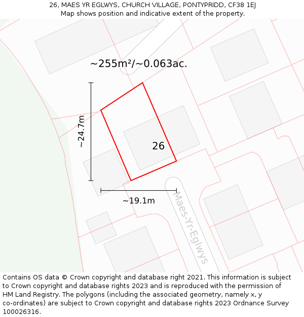 26, MAES YR EGLWYS, CHURCH VILLAGE, PONTYPRIDD, CF38 1EJ: Plot and title map