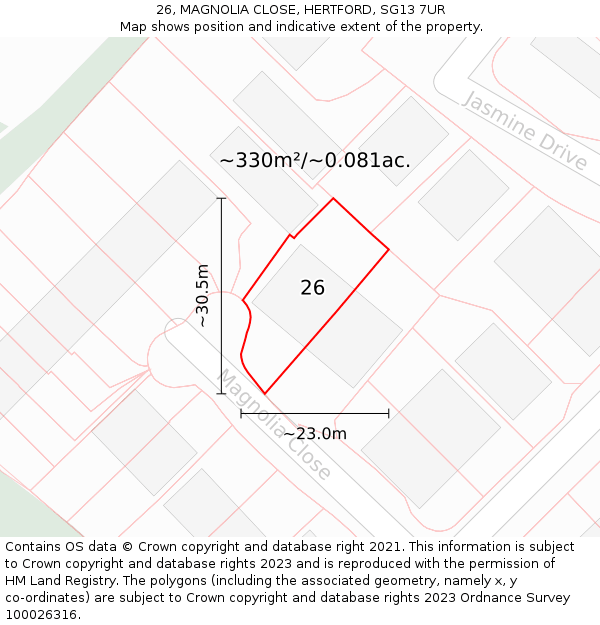 26, MAGNOLIA CLOSE, HERTFORD, SG13 7UR: Plot and title map