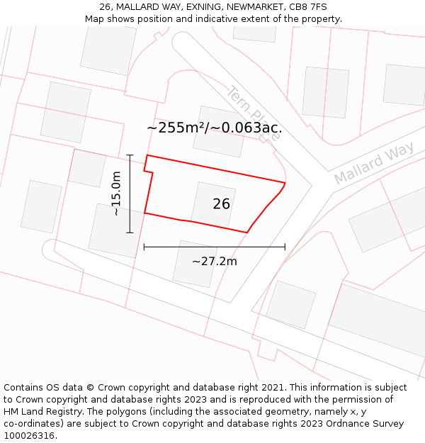 26, MALLARD WAY, EXNING, NEWMARKET, CB8 7FS: Plot and title map
