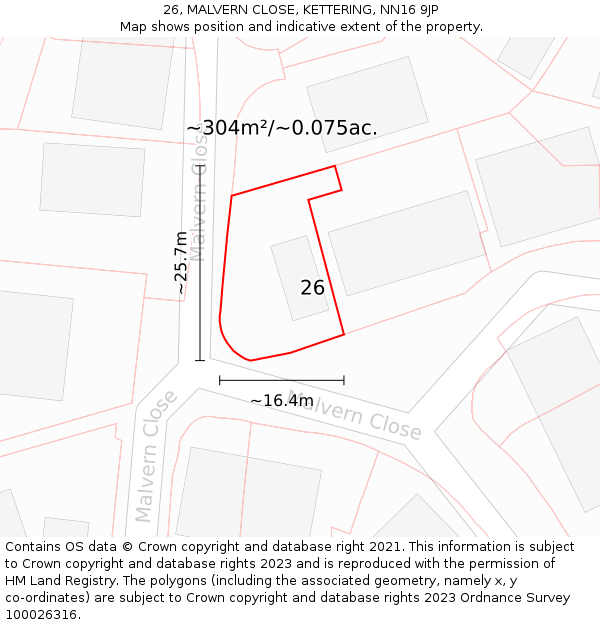 26, MALVERN CLOSE, KETTERING, NN16 9JP: Plot and title map