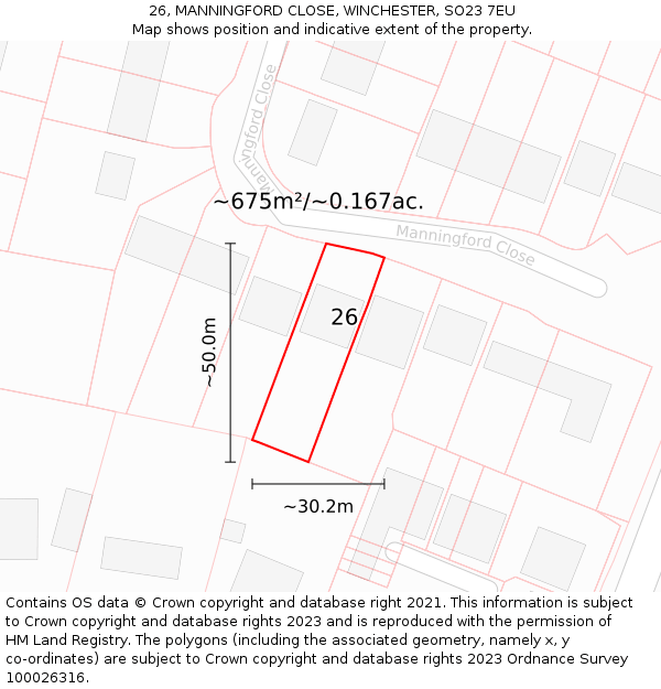 26, MANNINGFORD CLOSE, WINCHESTER, SO23 7EU: Plot and title map