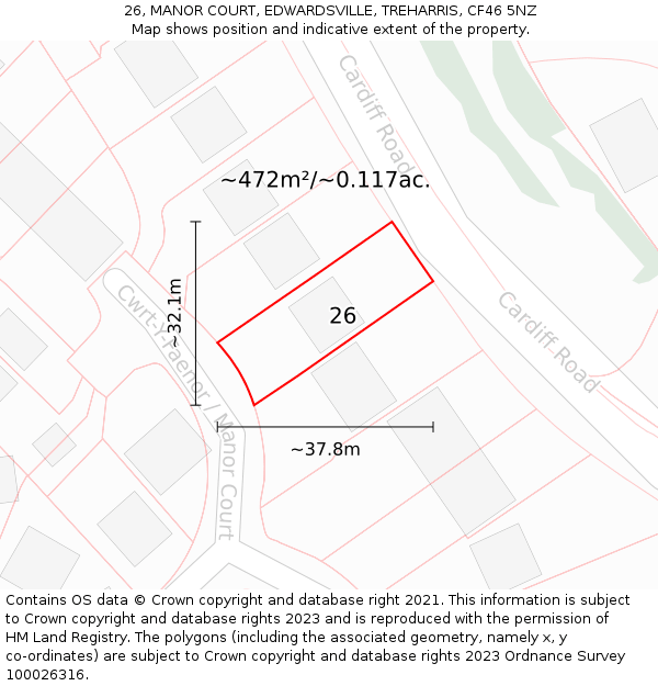 26, MANOR COURT, EDWARDSVILLE, TREHARRIS, CF46 5NZ: Plot and title map