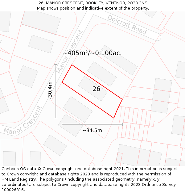 26, MANOR CRESCENT, ROOKLEY, VENTNOR, PO38 3NS: Plot and title map