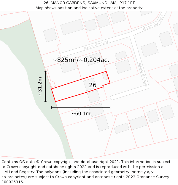 26, MANOR GARDENS, SAXMUNDHAM, IP17 1ET: Plot and title map