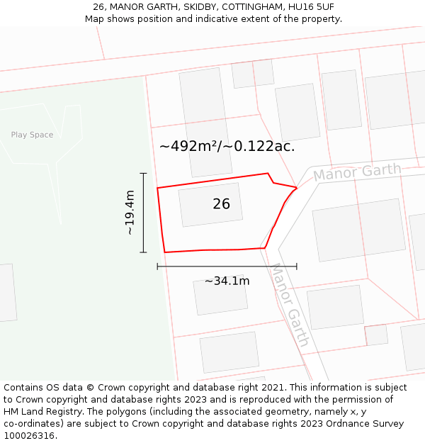 26, MANOR GARTH, SKIDBY, COTTINGHAM, HU16 5UF: Plot and title map