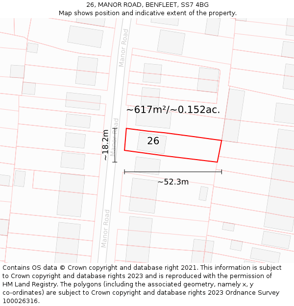 26, MANOR ROAD, BENFLEET, SS7 4BG: Plot and title map