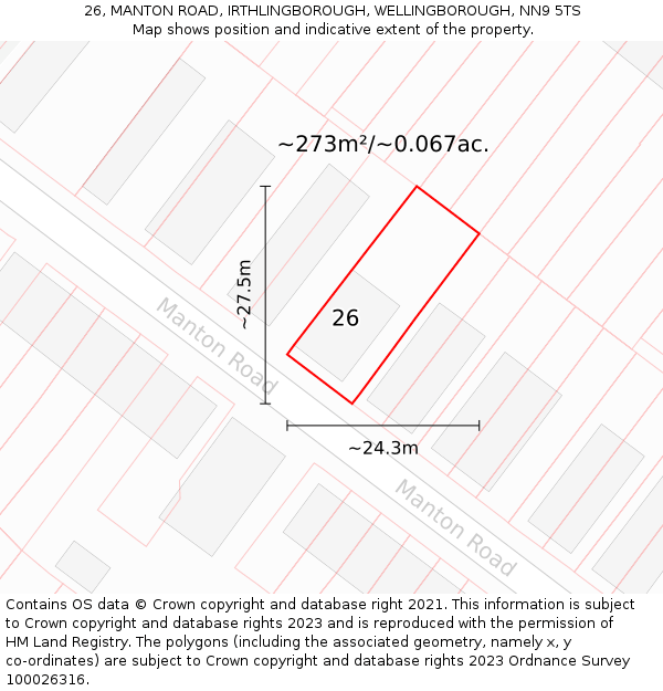 26, MANTON ROAD, IRTHLINGBOROUGH, WELLINGBOROUGH, NN9 5TS: Plot and title map