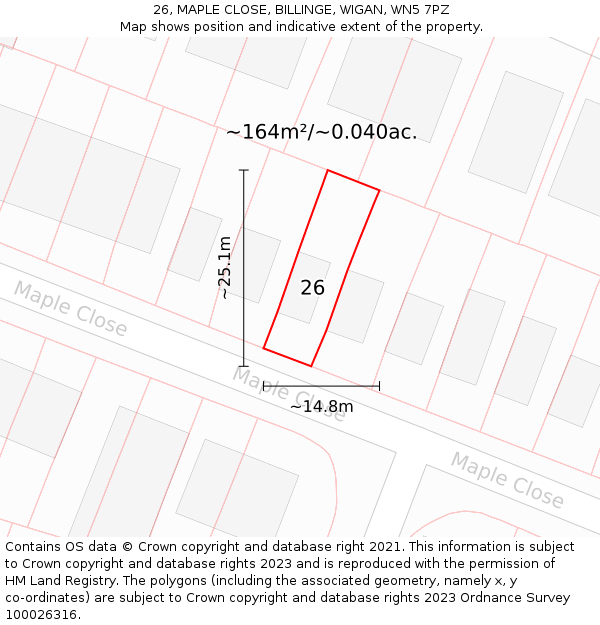 26, MAPLE CLOSE, BILLINGE, WIGAN, WN5 7PZ: Plot and title map