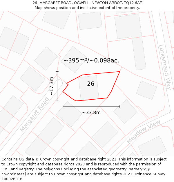 26, MARGARET ROAD, OGWELL, NEWTON ABBOT, TQ12 6AE: Plot and title map