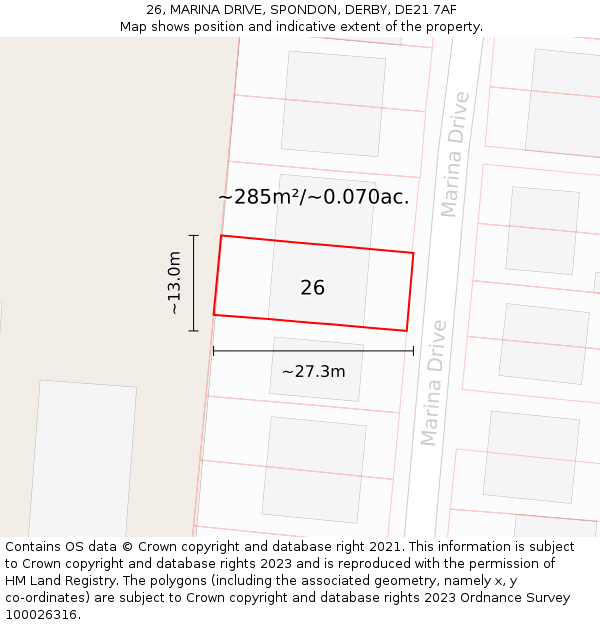 26, MARINA DRIVE, SPONDON, DERBY, DE21 7AF: Plot and title map