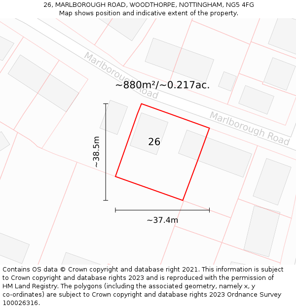 26, MARLBOROUGH ROAD, WOODTHORPE, NOTTINGHAM, NG5 4FG: Plot and title map