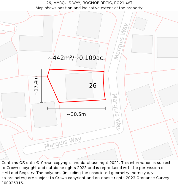 26, MARQUIS WAY, BOGNOR REGIS, PO21 4AT: Plot and title map