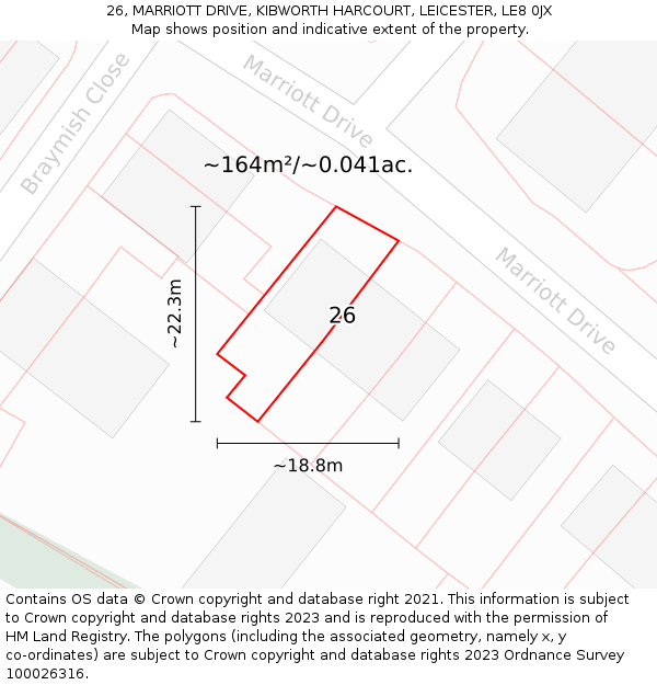 26, MARRIOTT DRIVE, KIBWORTH HARCOURT, LEICESTER, LE8 0JX: Plot and title map