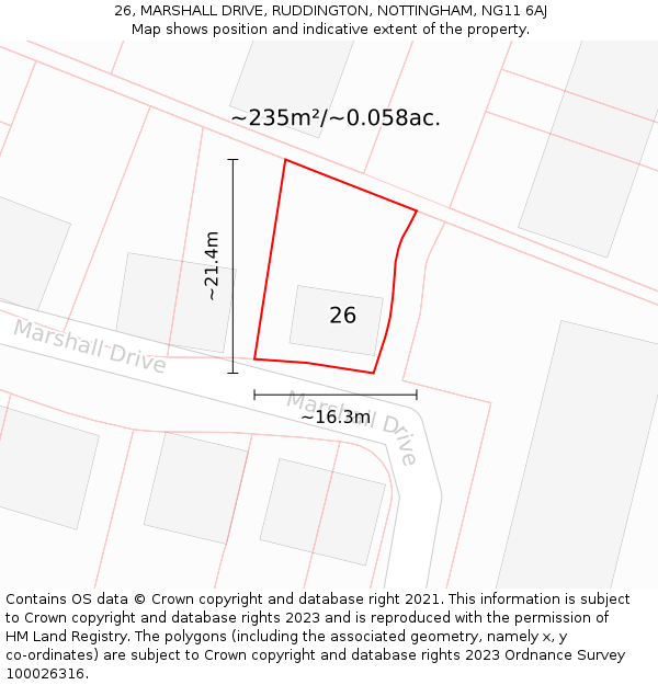 26, MARSHALL DRIVE, RUDDINGTON, NOTTINGHAM, NG11 6AJ: Plot and title map