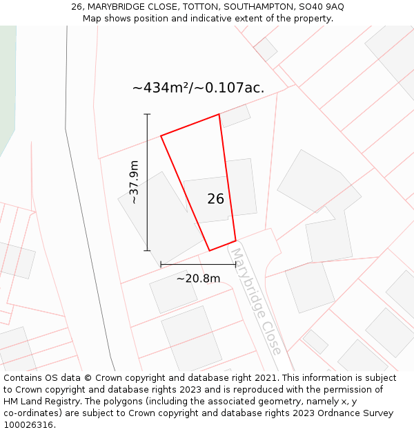 26, MARYBRIDGE CLOSE, TOTTON, SOUTHAMPTON, SO40 9AQ: Plot and title map