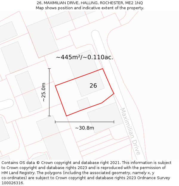 26, MAXIMILIAN DRIVE, HALLING, ROCHESTER, ME2 1NQ: Plot and title map