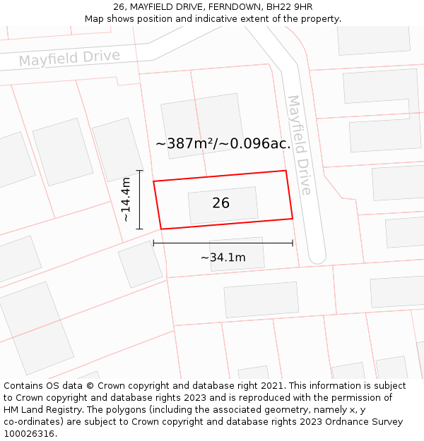 26, MAYFIELD DRIVE, FERNDOWN, BH22 9HR: Plot and title map