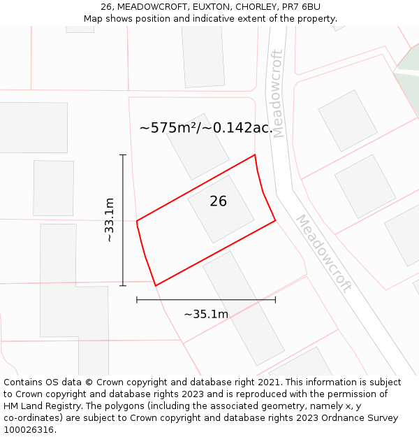 26, MEADOWCROFT, EUXTON, CHORLEY, PR7 6BU: Plot and title map