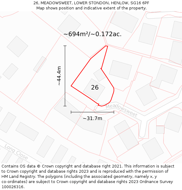 26, MEADOWSWEET, LOWER STONDON, HENLOW, SG16 6PF: Plot and title map