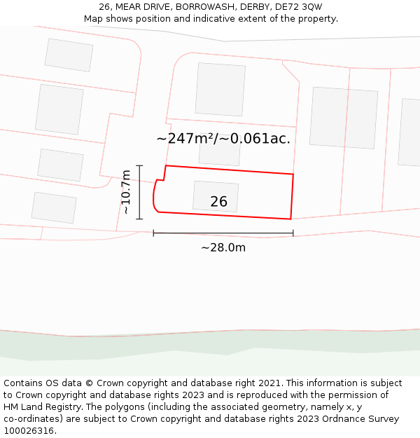 26, MEAR DRIVE, BORROWASH, DERBY, DE72 3QW: Plot and title map