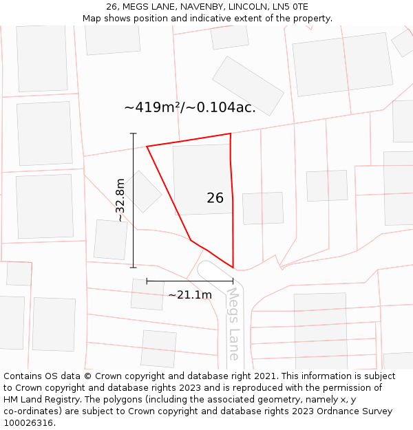26, MEGS LANE, NAVENBY, LINCOLN, LN5 0TE: Plot and title map