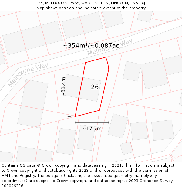 26, MELBOURNE WAY, WADDINGTON, LINCOLN, LN5 9XJ: Plot and title map