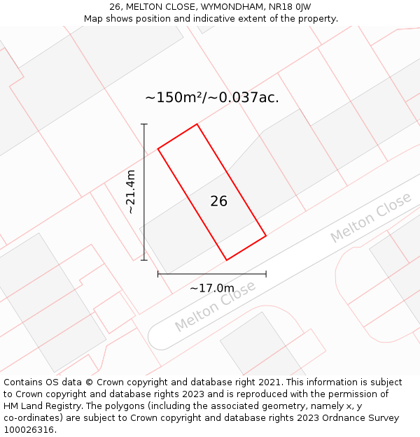 26, MELTON CLOSE, WYMONDHAM, NR18 0JW: Plot and title map