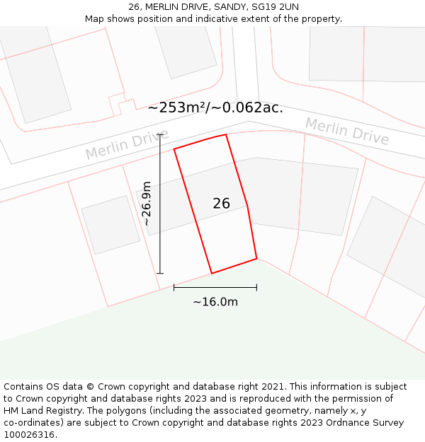 26, MERLIN DRIVE, SANDY, SG19 2UN: Plot and title map