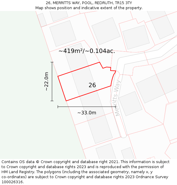 26, MERRITTS WAY, POOL, REDRUTH, TR15 3TY: Plot and title map
