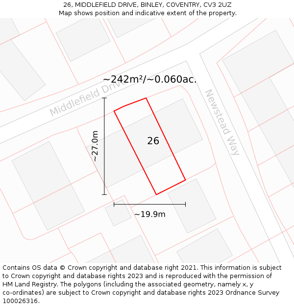 26, MIDDLEFIELD DRIVE, BINLEY, COVENTRY, CV3 2UZ: Plot and title map