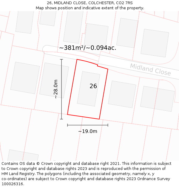 26, MIDLAND CLOSE, COLCHESTER, CO2 7RS: Plot and title map