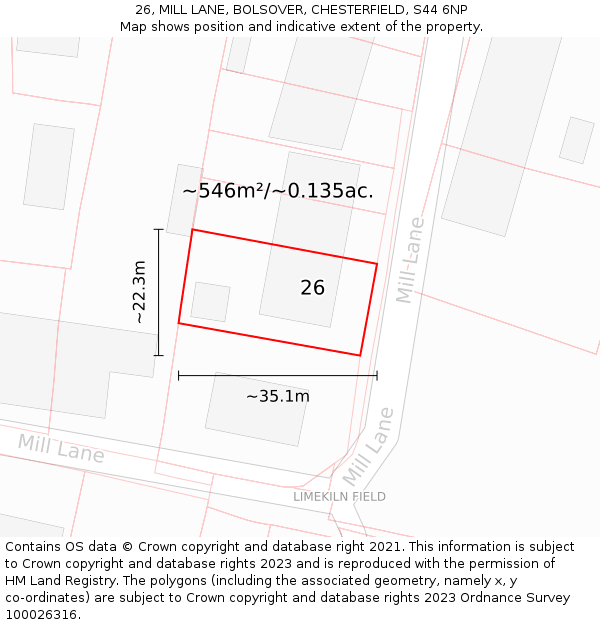 26, MILL LANE, BOLSOVER, CHESTERFIELD, S44 6NP: Plot and title map