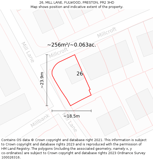 26, MILL LANE, FULWOOD, PRESTON, PR2 3HD: Plot and title map