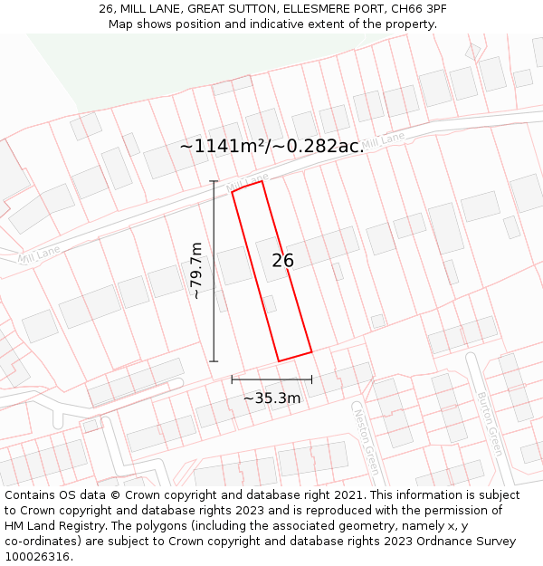 26, MILL LANE, GREAT SUTTON, ELLESMERE PORT, CH66 3PF: Plot and title map