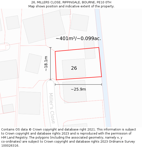 26, MILLERS CLOSE, RIPPINGALE, BOURNE, PE10 0TH: Plot and title map