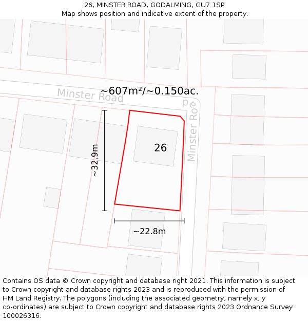 26, MINSTER ROAD, GODALMING, GU7 1SP: Plot and title map