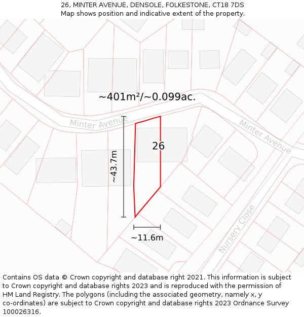 26, MINTER AVENUE, DENSOLE, FOLKESTONE, CT18 7DS: Plot and title map