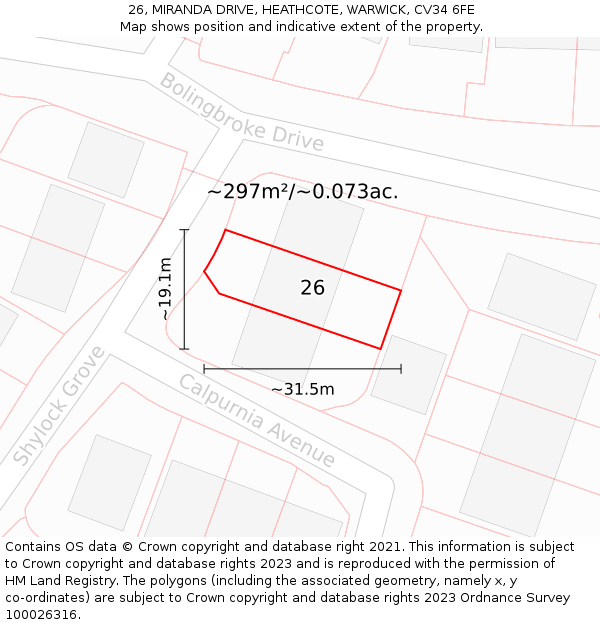 26, MIRANDA DRIVE, HEATHCOTE, WARWICK, CV34 6FE: Plot and title map