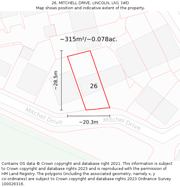 26, MITCHELL DRIVE, LINCOLN, LN1 1WD: Plot and title map