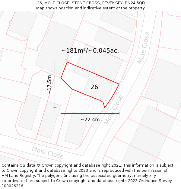 26, MOLE CLOSE, STONE CROSS, PEVENSEY, BN24 5QB: Plot and title map