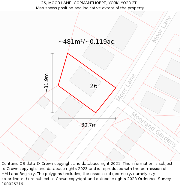 26, MOOR LANE, COPMANTHORPE, YORK, YO23 3TH: Plot and title map