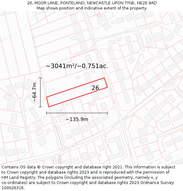 26, MOOR LANE, PONTELAND, NEWCASTLE UPON TYNE, NE20 9AD: Plot and title map