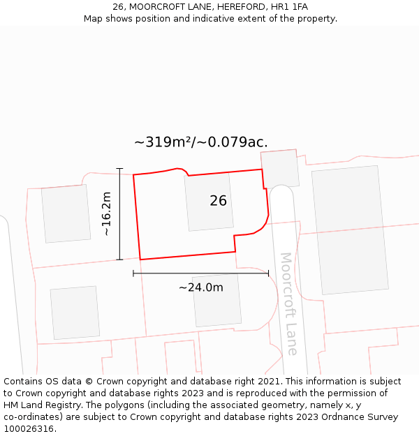 26, MOORCROFT LANE, HEREFORD, HR1 1FA: Plot and title map