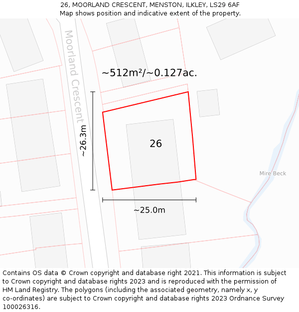 26, MOORLAND CRESCENT, MENSTON, ILKLEY, LS29 6AF: Plot and title map