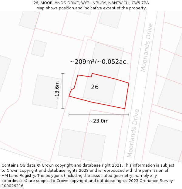 26, MOORLANDS DRIVE, WYBUNBURY, NANTWICH, CW5 7PA: Plot and title map