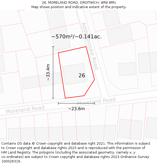 26, MORELAND ROAD, DROITWICH, WR9 8RN: Plot and title map