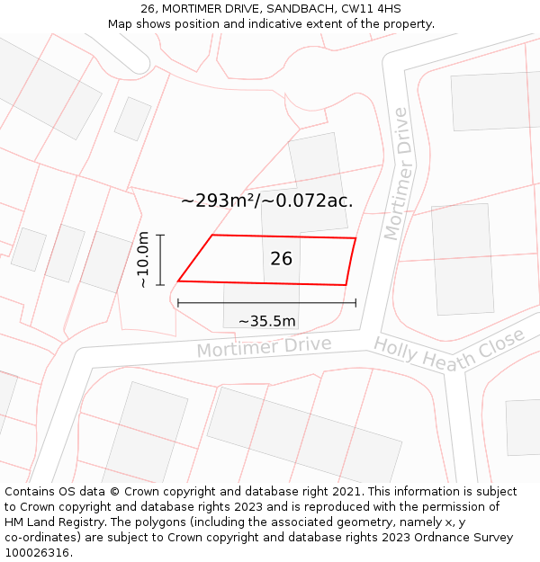 26, MORTIMER DRIVE, SANDBACH, CW11 4HS: Plot and title map