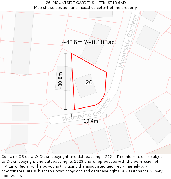 26, MOUNTSIDE GARDENS, LEEK, ST13 6ND: Plot and title map