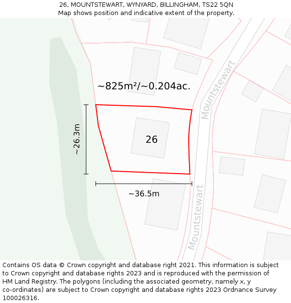 26, MOUNTSTEWART, WYNYARD, BILLINGHAM, TS22 5QN: Plot and title map